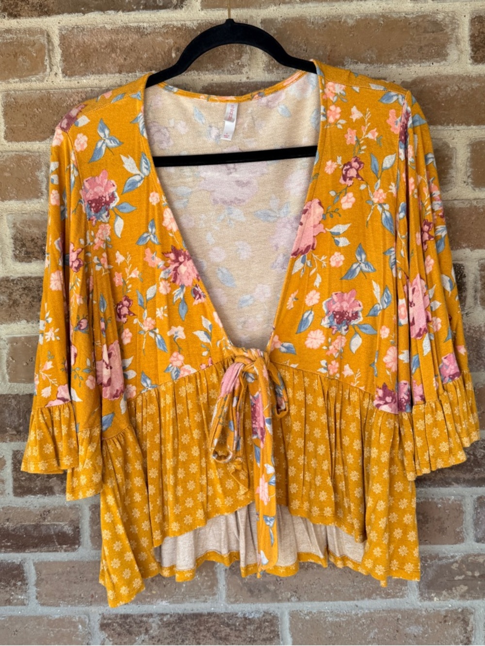 Xhilaration Mustard Floral Tie-Front Blouse